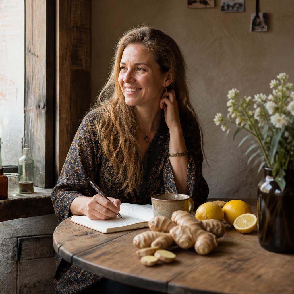 Marit de Vries aan haar keukentafel met gember en een notitieboek