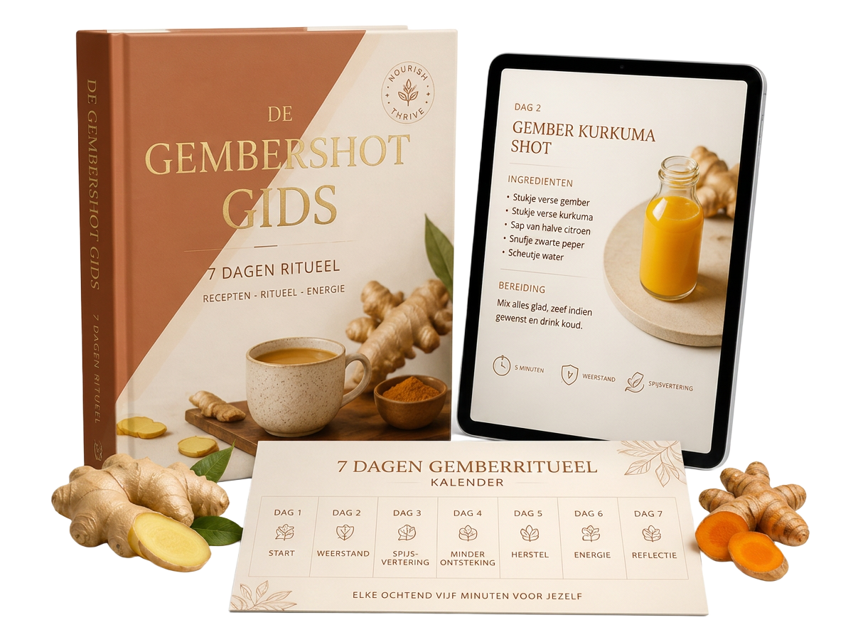 3D weergave van De Gembershot Gids met boek, tablet met recept en printbare ritueelkalender