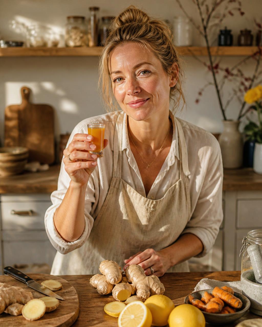 Marit met een verse gembershot in haar keuken